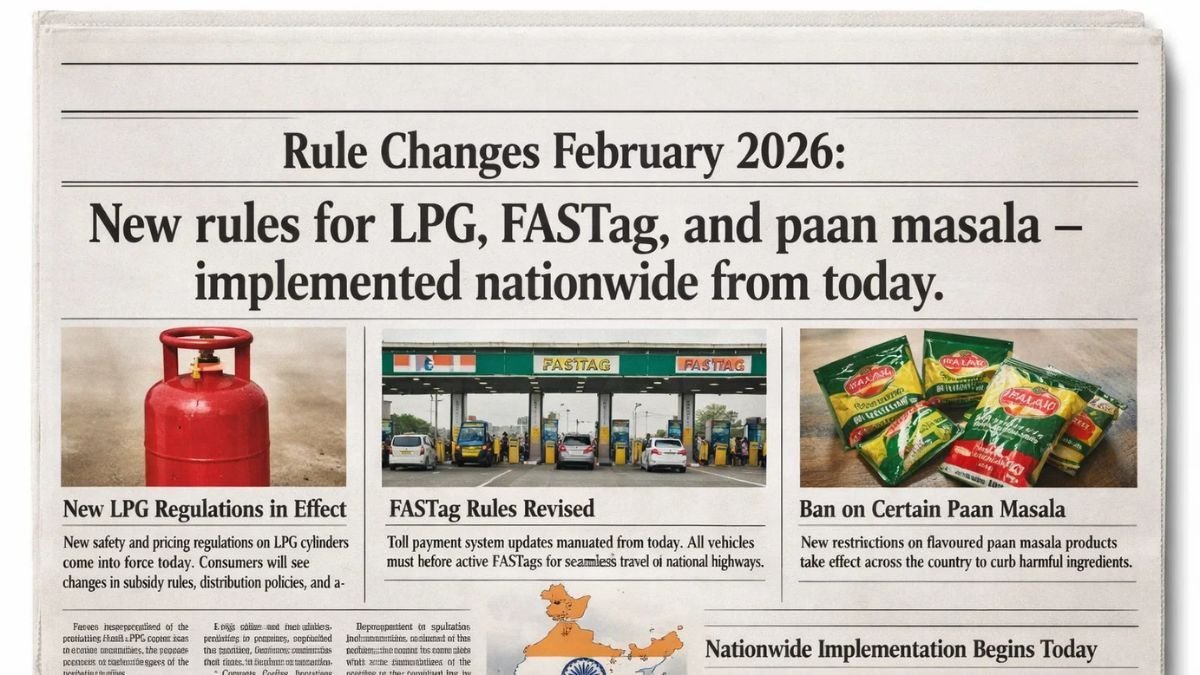 Rule Changes February 2026: New rules for LPG, FASTag, and paan masala – implemented nationwide from today.